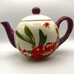 TAG Ceramic Teapot Handmade Hand Painted Floral 9"x7" Tea Pot Kitchen Decor VGC